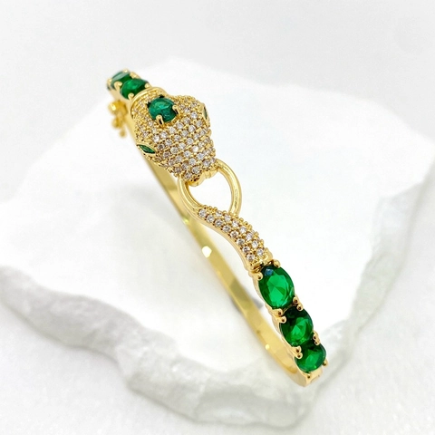 Luxurious Gold Plated Copper Snake Leopard Head Bangle Inlaid With Zircon Green Gemstones Opening Clasp Women Party Jewelry