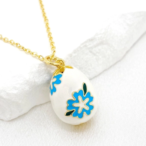 Vintage 14K Gold Plated Copper Enamel Easter Egg Pendant Necklace With Flower Leaf Design For Women Easter Gift Jewelry