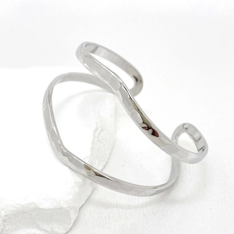 Minimalist Hammered Wave Open Cuff Bangle For Women Double Layered Copper Gold Silver Plated Fashion Jewelry Bracelet