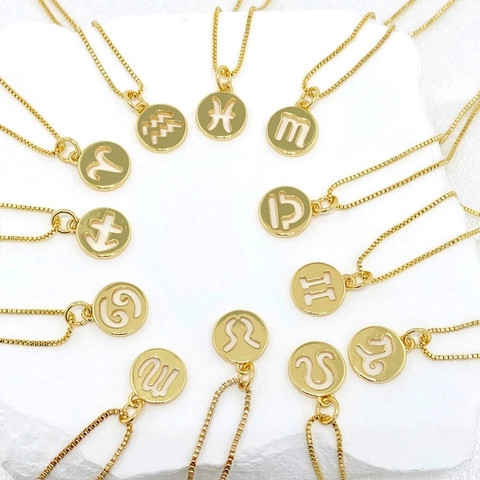 18K Gold Plated Copper Twelve Zodiac Sign Constellation Hollow Round Pendant Necklace For Women Personalized Jewelry Birthday Gift