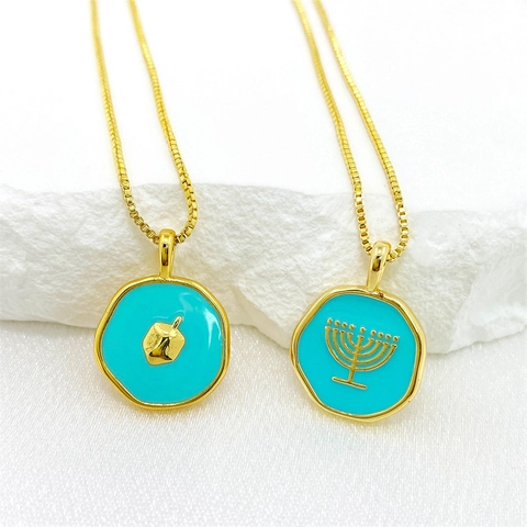 Irregular Enamel Copper Pendant Necklace Gold Plated Menorah Dreidel Religious Jewelry Hanukkah Jewish Gift For Women Men