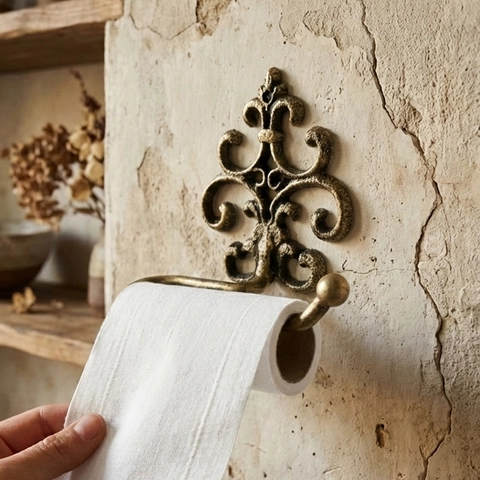 European Vintage Cast Iron Paper Towel Holder Wall Mounted Fleur De Lis Retro Scroll Pattern Towel Rack Bathroom Decor