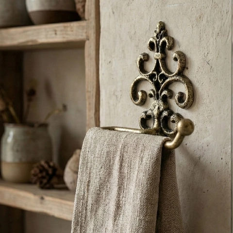 European Vintage Cast Iron Paper Towel Holder Wall Mounted Fleur De Lis Retro Scroll Pattern Towel Rack Bathroom Decor