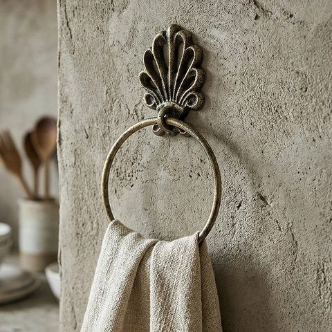 Vintage Cast Iron Towel Ring Wall Mounted Scallop Shell Bird Fleur-De-Lis Design Antique Bronze Gold Bathroom Decor Paper Holder