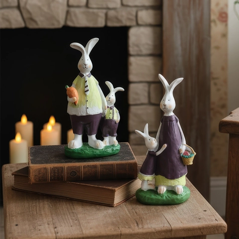 Figurines Famille de Lapins en Résine Pastorale Rétro Ornements Lapin Peints à la Main pour Décoration de Table Maison Café Cadeau de Pâques