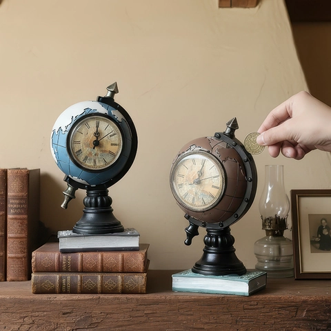 Reloj de Mesa Globo Terráqueo Retro Vintage Adorno de Resina Con Números Romanos Función de Hucha Para Decoración de Oficina
