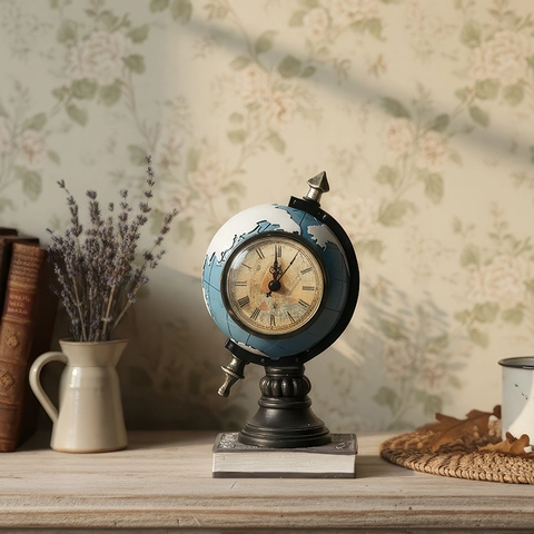 Reloj de Mesa Globo Terráqueo Retro Vintage Adorno de Resina Con Números Romanos Función de Hucha Para Decoración de Oficina