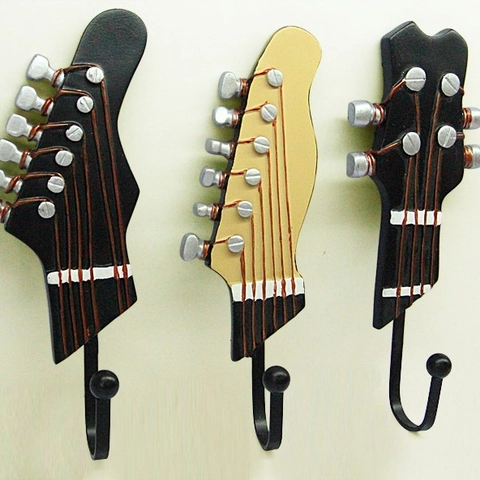 Vintage Resin Guitar Headstock Wall Hooks Decorative Musical Instrument Style Coat Hat Storage Hooks For Home Music Room Decor