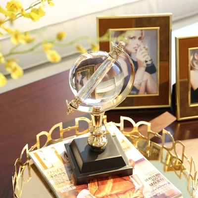 Modern Minimalist Artificial Crystal Globe Desktop Ornament Gold Metal Frame Rotating World Map Figurine For Home Office Decor