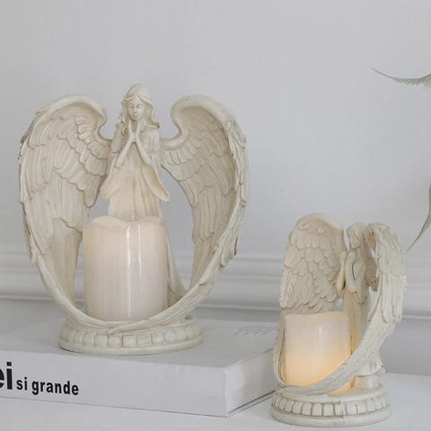 Nordic Style Synthetic Resin Praying Angel Candle Holder With LED Electronic Candle Table Desktop Decorative Statues
