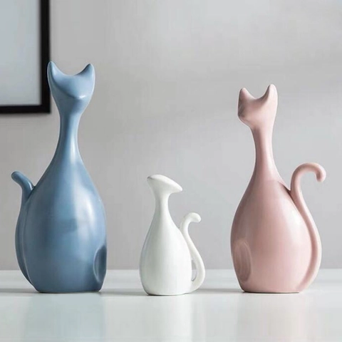 Modern Nordic Ceramic Cat Family Statues Minimalist Abstract Animal Sculptures Morandi Color Glaze Home Decor Ornaments