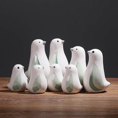 Bird Figurines Ceramic Desktop Ornaments Nordic Minimalist Animal Statues Home Decor Hand Painted Green Pattern