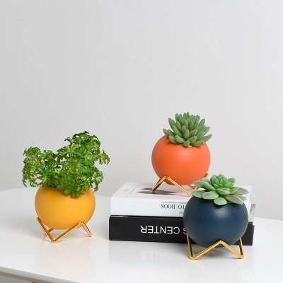 Sphärischer Keramik Blumentopf Mit Geometrischem Metallständer Matt Morandi Stil Schräge Öffnung Moderne Desktop Ornament Pflanzer