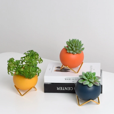 Sphärischer Keramik Blumentopf Mit Geometrischem Metallständer Matt Morandi Stil Schräge Öffnung Moderne Desktop Ornament Pflanzer