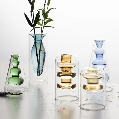 Kreative Doppelschicht Glasvase Bunte Borosilikatglas Nordisch Moderner Stil Tischdekoration Blumenbehälter