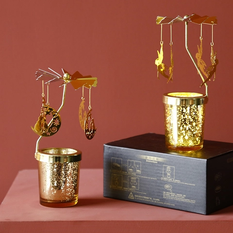 Modern Iron Glass Rotary Carousel Candle Holder Gold Thermal Spinning Candlestick With Snowflake Unicorn For Home Wedding Decor