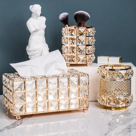 Luxury Crystal Makeup Brush Holder And Tissue Box Metal Glass Decorative Mirror Desktop Organizer For Home Bathroom