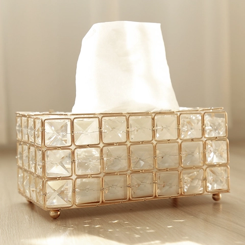 Crystal Tissue Box Holder Rectangular Metal Frame Artificial Crystal Decorative Napkin Organizer For Home Office Desktop