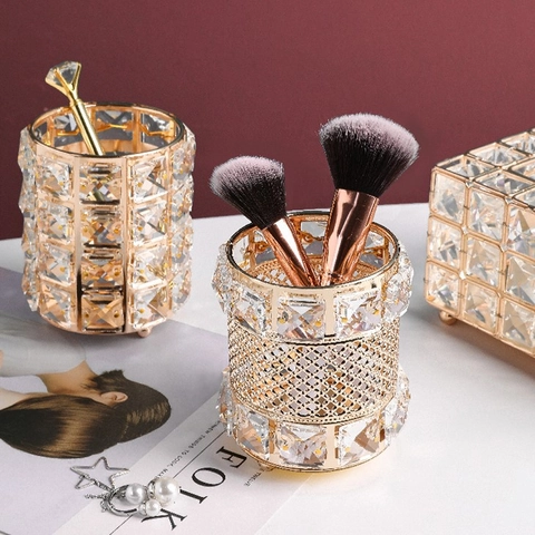 Luxury Crystal Makeup Brush Holder And Tissue Box Metal Glass Decorative Mirror Desktop Organizer For Home Bathroom