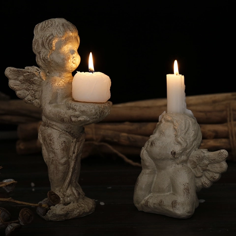 Vintage Cupid Angel Candle Holder Resin Distressed Figurine Candlestick Desktop Ornament Retro Home Decoration