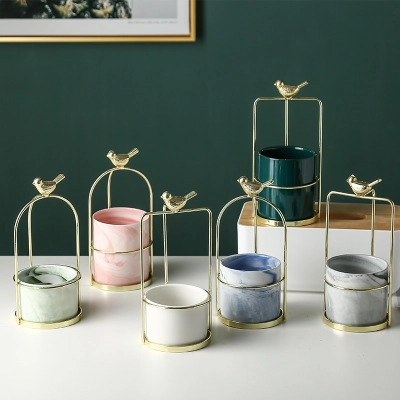 Nordischer Luxus Keramik Blumentopf Mit Goldenem Vogel Eisenständer Marmormuster Desktop Dekorativer Vaso Sukkulenten Topf Ornamente