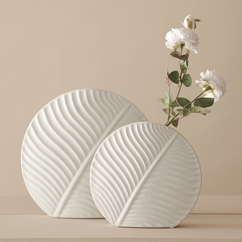 Keramische Vaas Met Bladtextuur Noordse Moderne Minimalistische Platte Ronde Decoratieve Bloemvaas Voor Woonkamer Kantoor