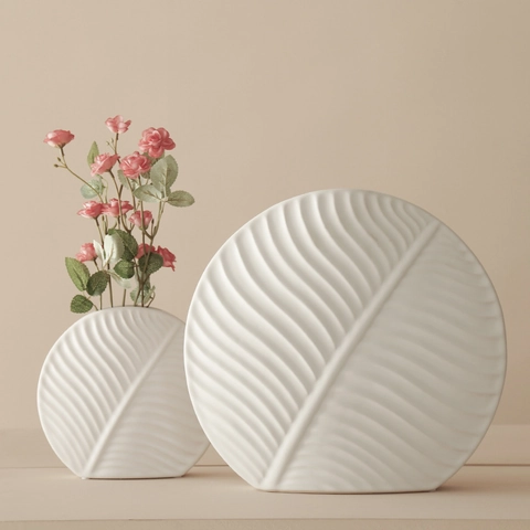 Keramische Vaas Met Bladtextuur Noordse Moderne Minimalistische Platte Ronde Decoratieve Bloemvaas Voor Woonkamer Kantoor