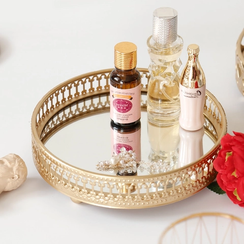 Nordic Luxury Metal Mirror Tray Jewelry Storage Decorative Plate Glass Base Perfume Cosmetic Organizer For Bedroom Dressing Table