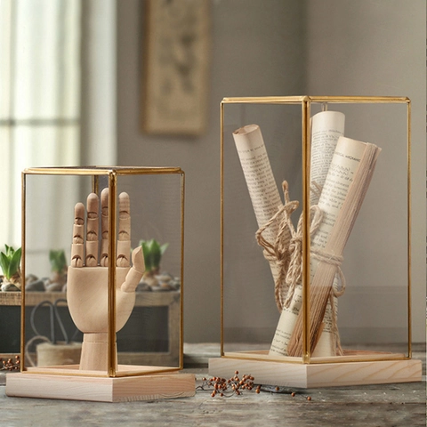 Glass Display Case With Brass Frame And Wood Base Nordic Style Tabletop Decorative Ornament For Home Cafe Store Office