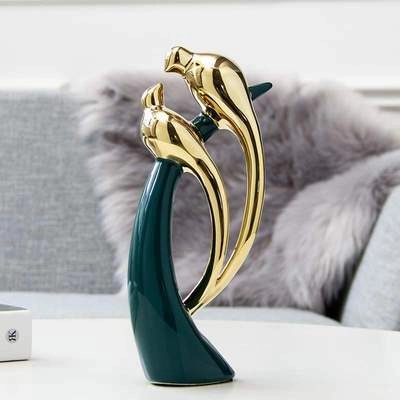 Nordic Light Luxury Pauwgroen Keramiek Love Birds Ornamenten Abstracte Vergulde Gouden Dierfiguren Voor Woonkamer Decoratie