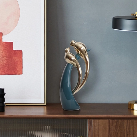 Nordic Light Luxury Pauwgroen Keramiek Love Birds Ornamenten Abstracte Vergulde Gouden Dierfiguren Voor Woonkamer Decoratie