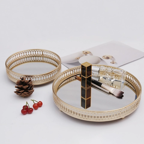 Nordic Hollow Metal Mirror Decorative Tray Jewelry Organizer Cosmetic Storage Plate Desktop Vanity Decor Ornaments