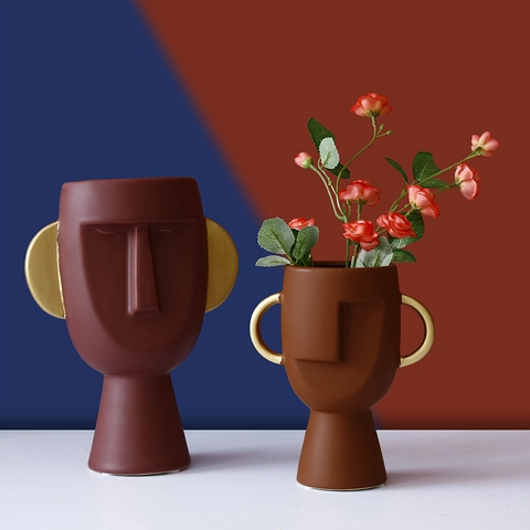 Vaso In Ceramica Con Viso Astratto Scultura Nordica Moderna Vaso Per Fiori Maschera Testa Umana Manici Dorati Arredamento
