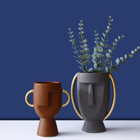 Vaso In Ceramica Con Viso Astratto Scultura Nordica Moderna Vaso Per Fiori Maschera Testa Umana Manici Dorati Arredamento