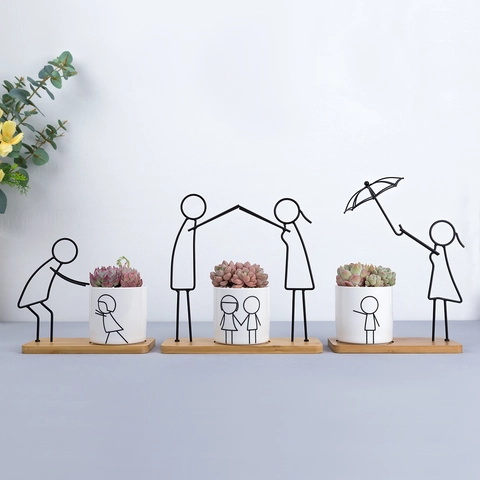 Nordic Abstract Ceramic Succulent Planter Set With Iron Frame Bamboo Base Minimalist Human Figure Desktop Flower Pot