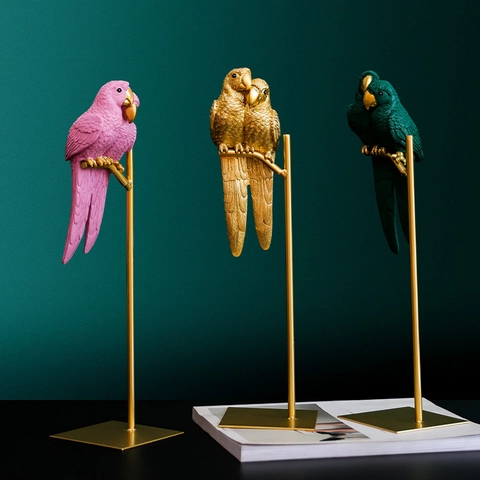Couple Parrot Figurine Resin Bird Statue With Golden Metal Stand Nordic Creative Home Decor Ornament For Desktop Entrance