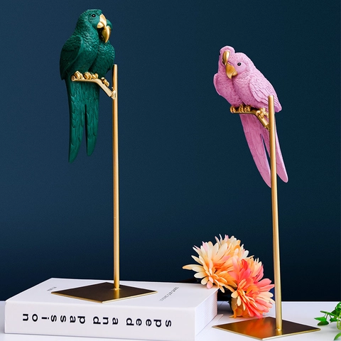 Couple Parrot Figurine Resin Bird Statue With Golden Metal Stand Nordic Creative Home Decor Ornament For Desktop Entrance