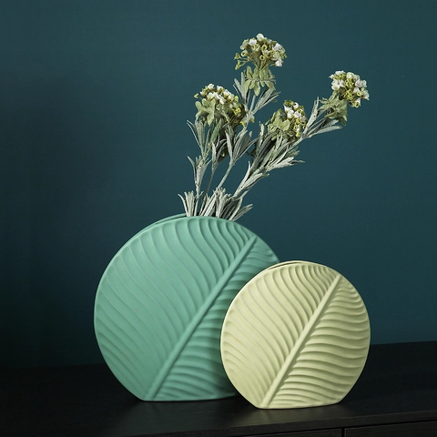 Ceramic Vase Leaf Shape Modern Minimalist Decorative Flower Pot With Embossed Vein Texture For Home Living Room Desktop