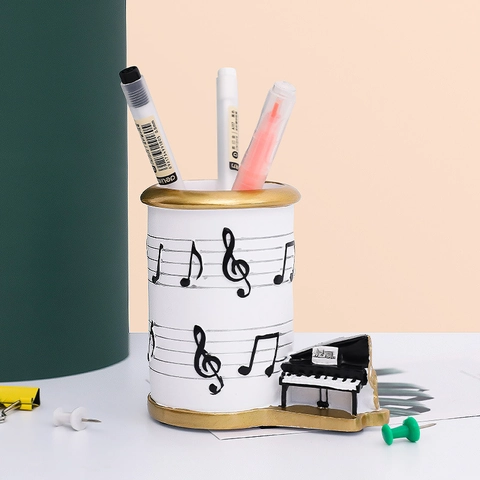 Musical Note Pen Holder Resin Piano Model Desktop Organizer For Makeup Brushes Office Home Decor Art Ornament Gift