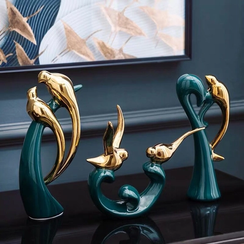 Modern Ceramic Bird Statues Abstract Animal Sculptures Gold Electroplated Home Decor Luxury Desk Ornaments Living Room