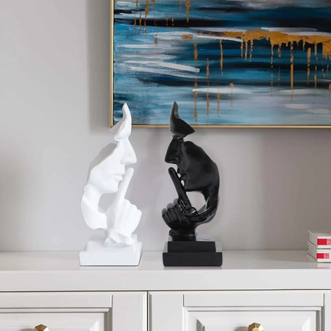 Sculpture Visage Abstrait Le Silence Est D'or Statue Résine Décoration Bureau Créative Figurine Art Maison Moderne