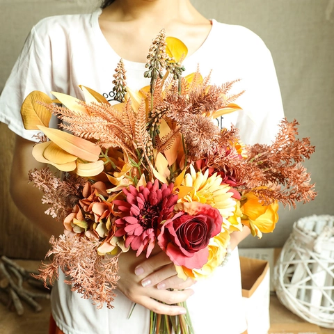 Artificial Flower Bouquet Satin Faux Autumn Roses Gerbera Hydrangea Vintage Nordic Style Home Wedding Decor Arrangement