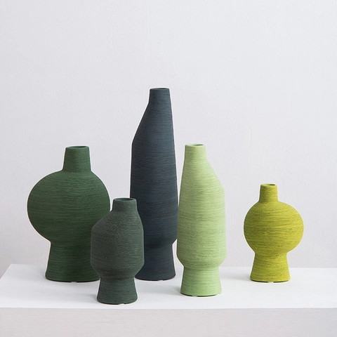 Modern Ceramic Vase Gradient Green Brushed Texture Minimalist Geometric Art Ornament Home Living Room Desktop Decor