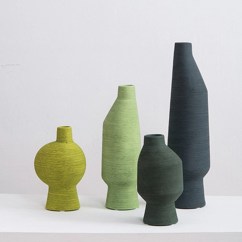 Modern Ceramic Vase Gradient Green Brushed Texture Minimalist Geometric Art Ornament Home Living Room Desktop Decor