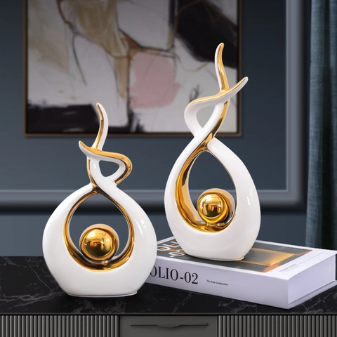 Scultura Astratta Moderna in Ceramica Lusso Nordico Statua Galvanizzata Oro Bianco Blu Decorazione per la Casa Tavolo