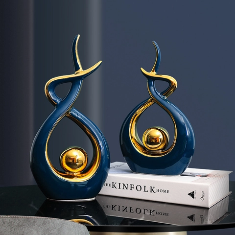 Scultura Astratta Moderna in Ceramica Lusso Nordico Statua Galvanizzata Oro Bianco Blu Decorazione per la Casa Tavolo