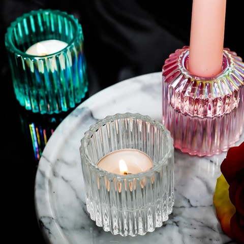 Portacandele In Vetro A Costine Strisce Verticali Doppio Uso Per Candela Tealight E Conica Decorazione Casa