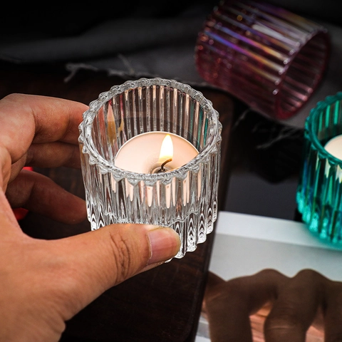 Portacandele In Vetro A Costine Strisce Verticali Doppio Uso Per Candela Tealight E Conica Decorazione Casa