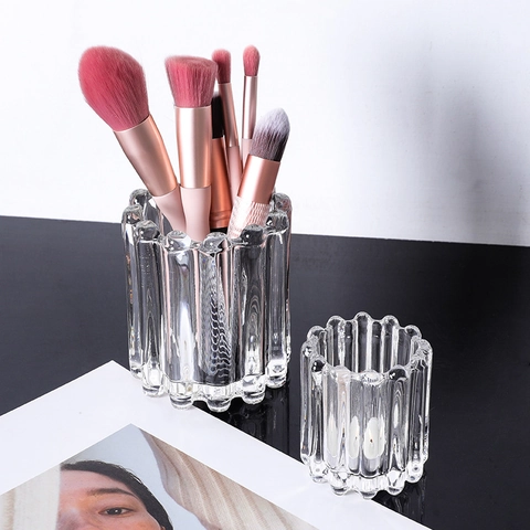 Vertical Ribbed Glass Makeup Brush Holder Crystal Pleated Pen Cup Transparent Wavy Edge Candle Holder Desktop Organizer