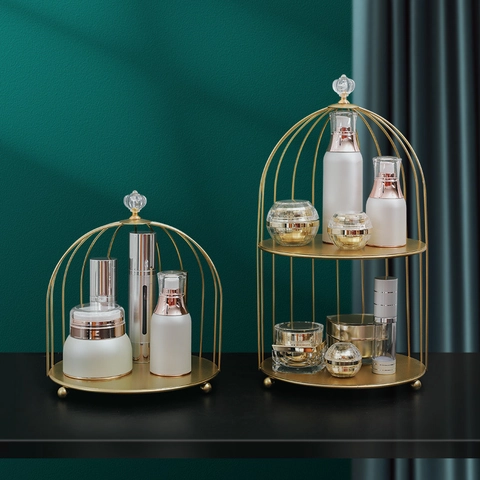 Birdcage Cosmetic Storage Rack Gold Iron Art Perfume Organizer Shelf Nordic Luxury Skin Care Display Stand Desktop Decor